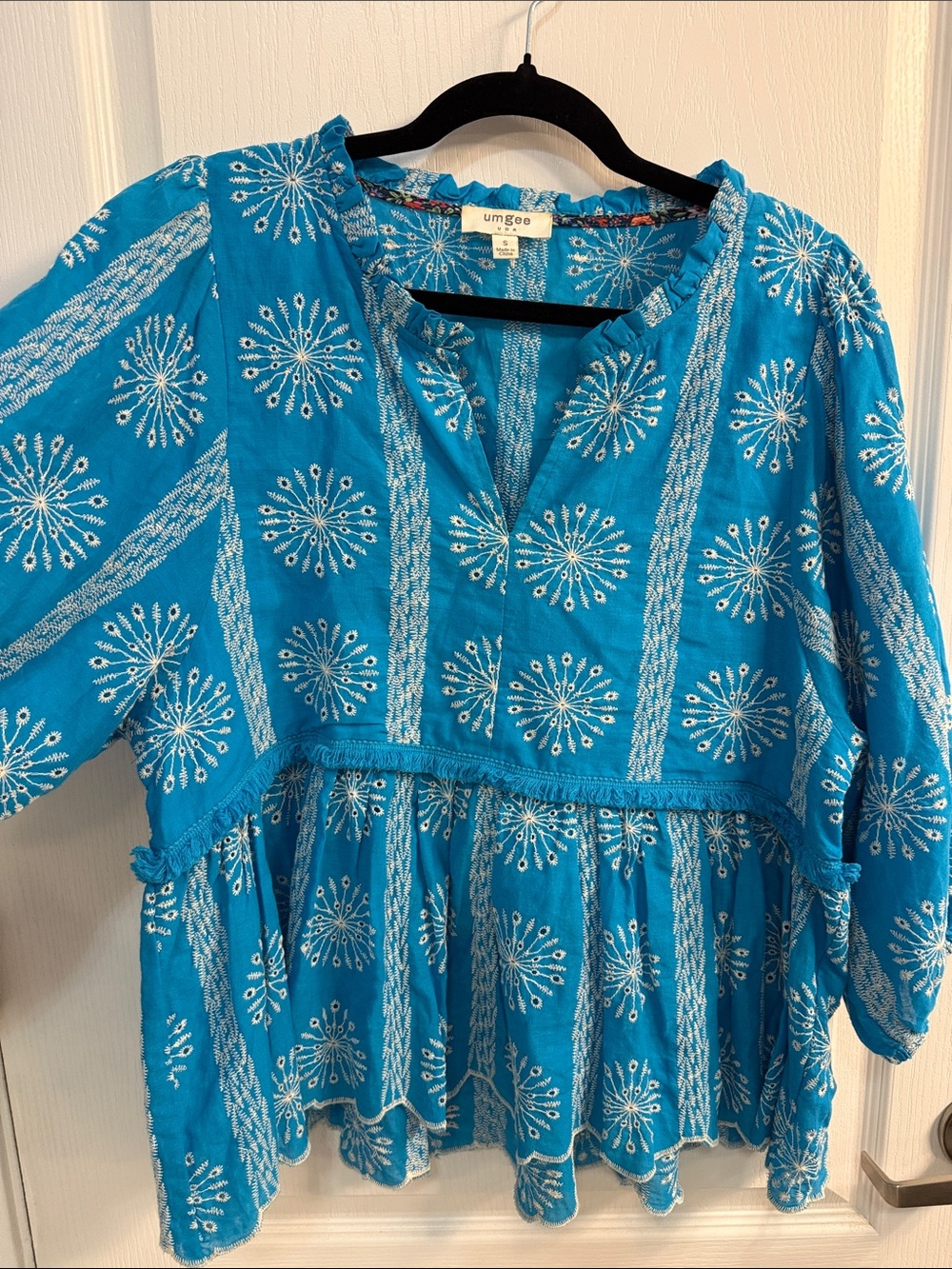 Feminine Umgee Turquoise Embroidered Peasant Blouse - Shabby Chic